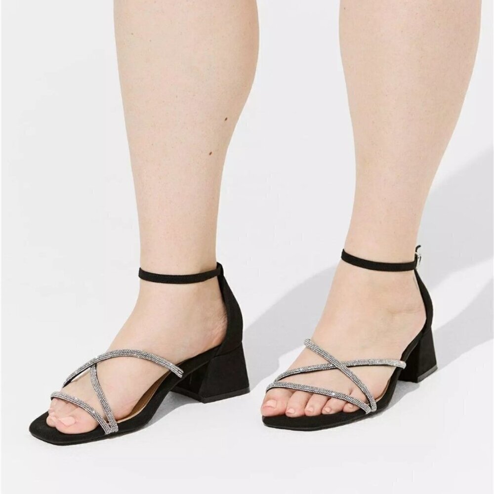 Torrid - 8 WW, Embellished Block Heel Sandal (Wide Width) in Black & Silver‌